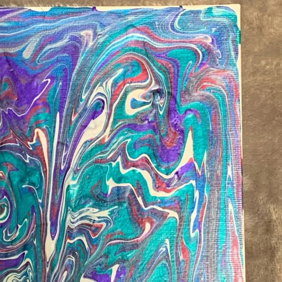 Original Paint Pour of wine, purple, teal and white on 8”x8” square canvas - Picture 6 of 7